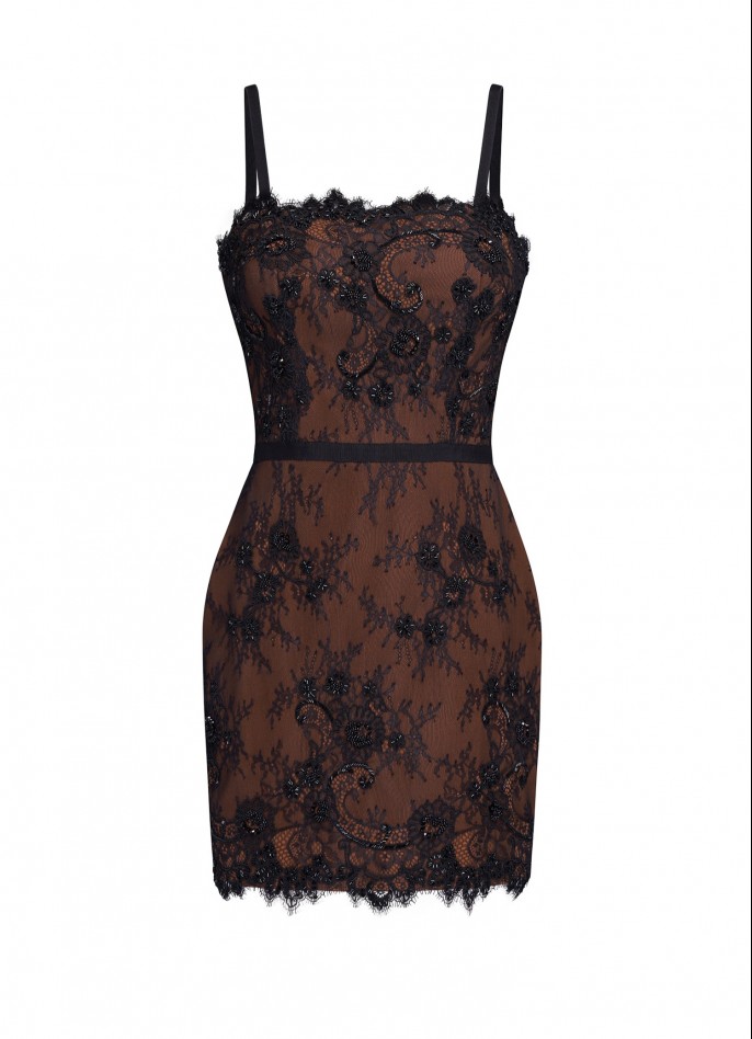 BROWN / BLACK HAND-EMBROIDERED SPANISH LACE CREPE-BLEND MINI DRESS